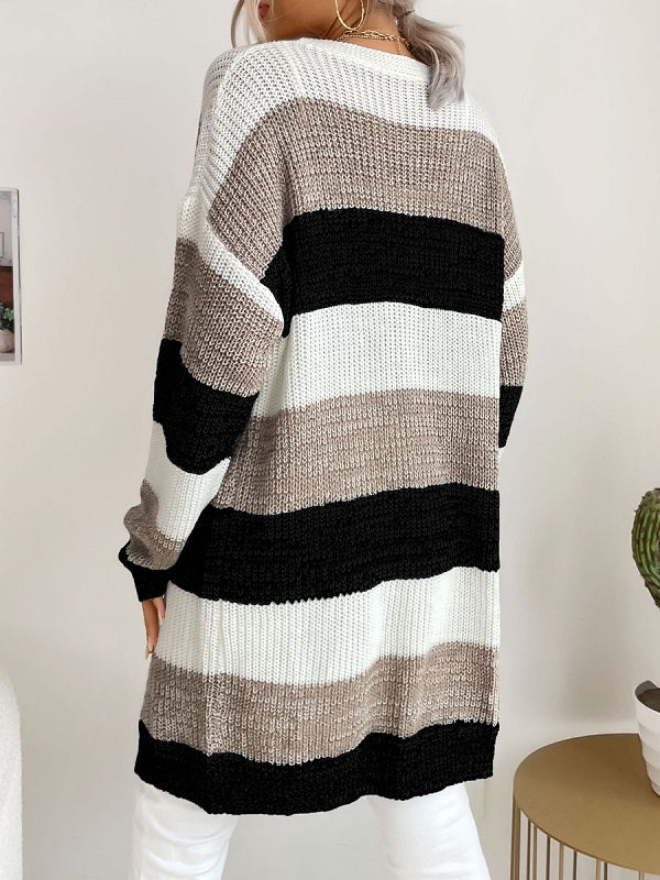 Stripes Piping Long Sleeves Stretch Sweaters Cardigans