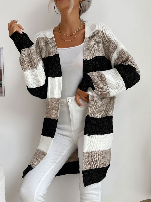 Stripes Piping Long Sleeves Stretch Sweaters Cardigans