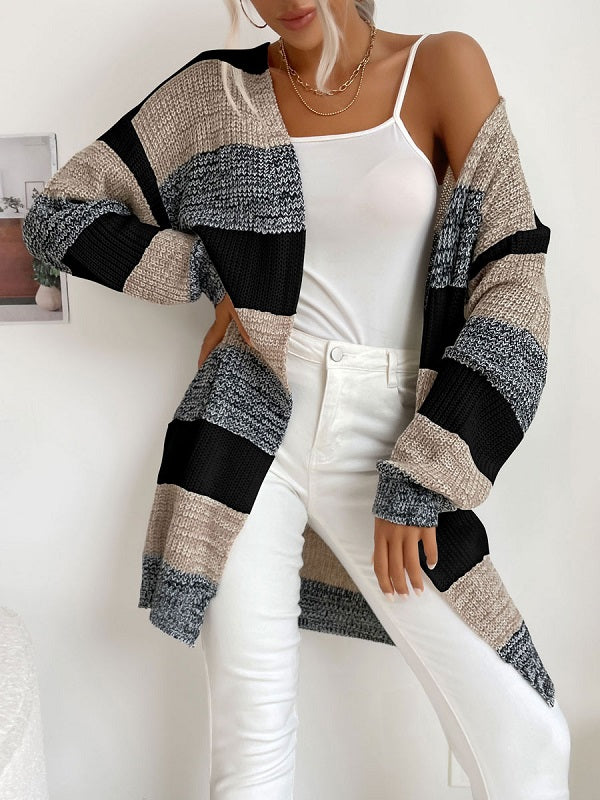 Stripes Piping Long Sleeves Stretch Sweaters Cardigans