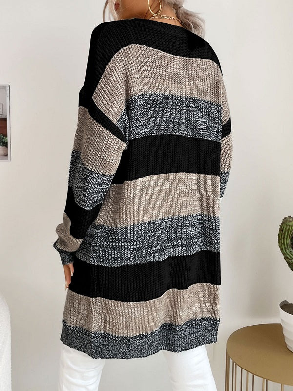 Stripes Piping Long Sleeves Stretch Sweaters Cardigans