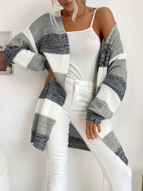 Stripes Piping Long Sleeves Stretch Sweaters Cardigans