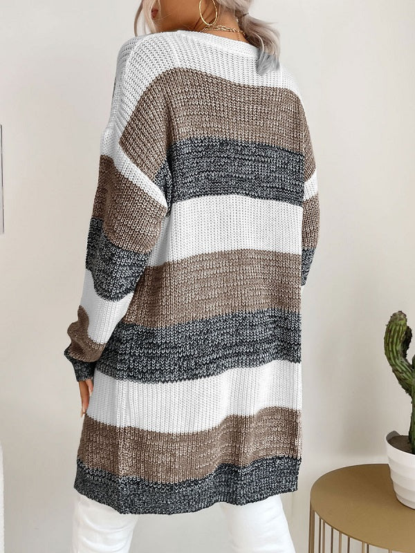 Stripes Piping Long Sleeves Stretch Sweaters Cardigans
