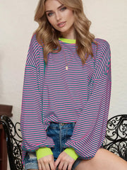 Strips Printed Long Sleeves Two-Tone Dropped Shoulder Sweatshirt