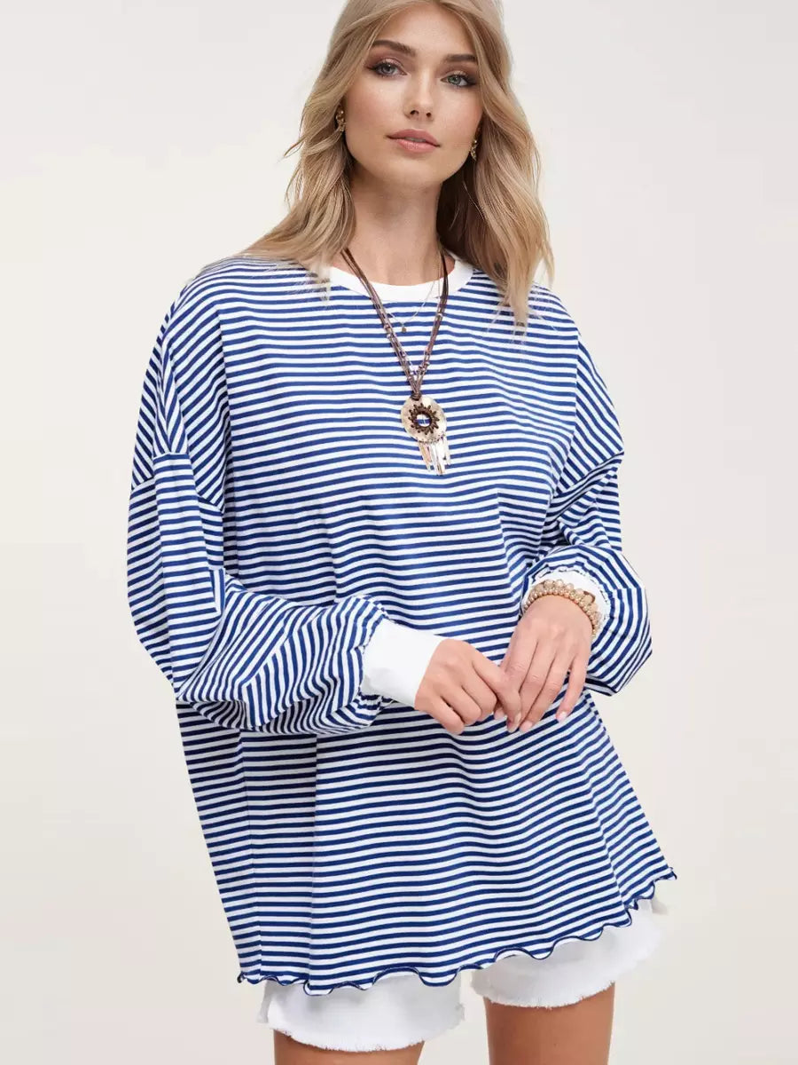 Strips Printed Long Sleeves Two-Tone Dropped Shoulder Sweatshirt