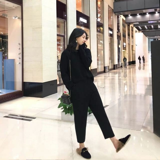 Sweater Knitted Pant Set Pullover Tracksuit Long Sleeve Loose Sweatshirt Suit