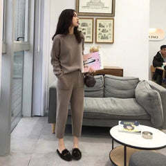 Sweater Knitted Pant Set Pullover Tracksuit Long Sleeve Loose Sweatshirt Suit