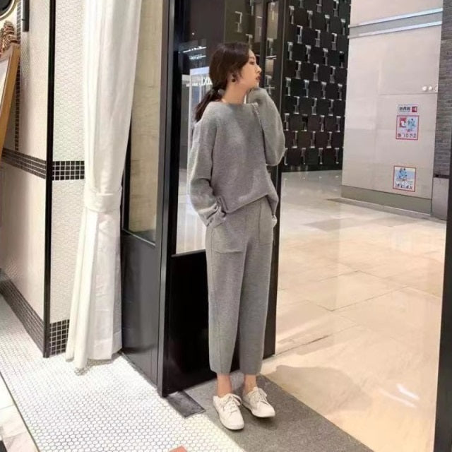 Sweater Knitted Pant Set Pullover Tracksuit Long Sleeve Loose Sweatshirt Suit