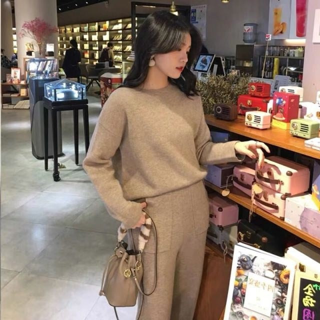 Sweater Knitted Pant Set Pullover Tracksuit Long Sleeve Loose Sweatshirt Suit