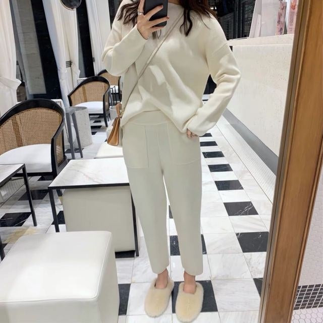 Sweater Knitted Pant Set Pullover Tracksuit Long Sleeve Loose Sweatshirt Suit