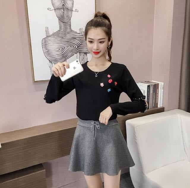 Sweater Solid Lace O-neck Lantern Knitted Sweaters Pullovers