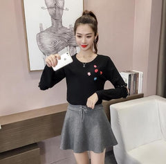 Sweater Solid Lace O-neck Lantern Knitted Sweaters Pullovers