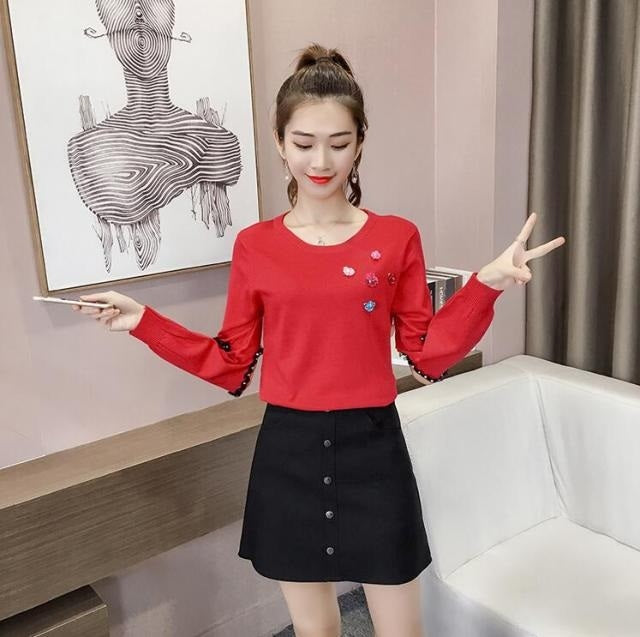 Sweater Solid Lace O-neck Lantern Knitted Sweaters Pullovers