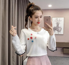 Sweater Solid Lace O-neck Lantern Knitted Sweaters Pullovers