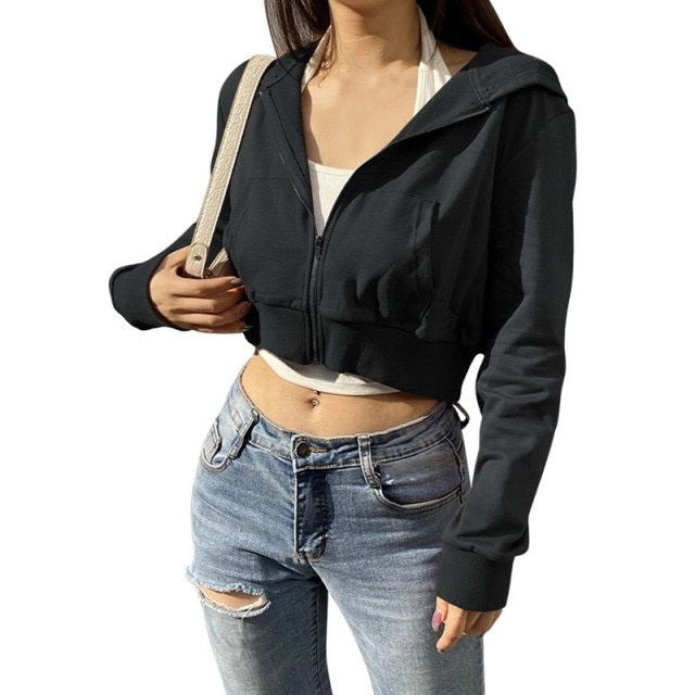 Sweatshirt Long Sleeve Jackets Hoodies Pockets Thin Crop Tops Outfits