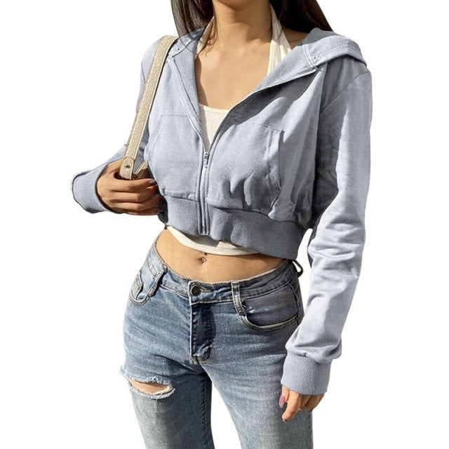 Sweatshirt Long Sleeve Jackets Hoodies Pockets Thin Crop Tops Outfits