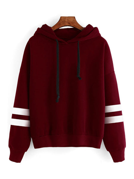 Sweatshirt Long Sleeve Striped Drawstring Cotton Hooded Pullover Top
