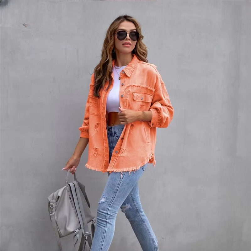 Sweet Color Splicing Pocket Denim Lapel Long Sleeves Single-breasted Jacket