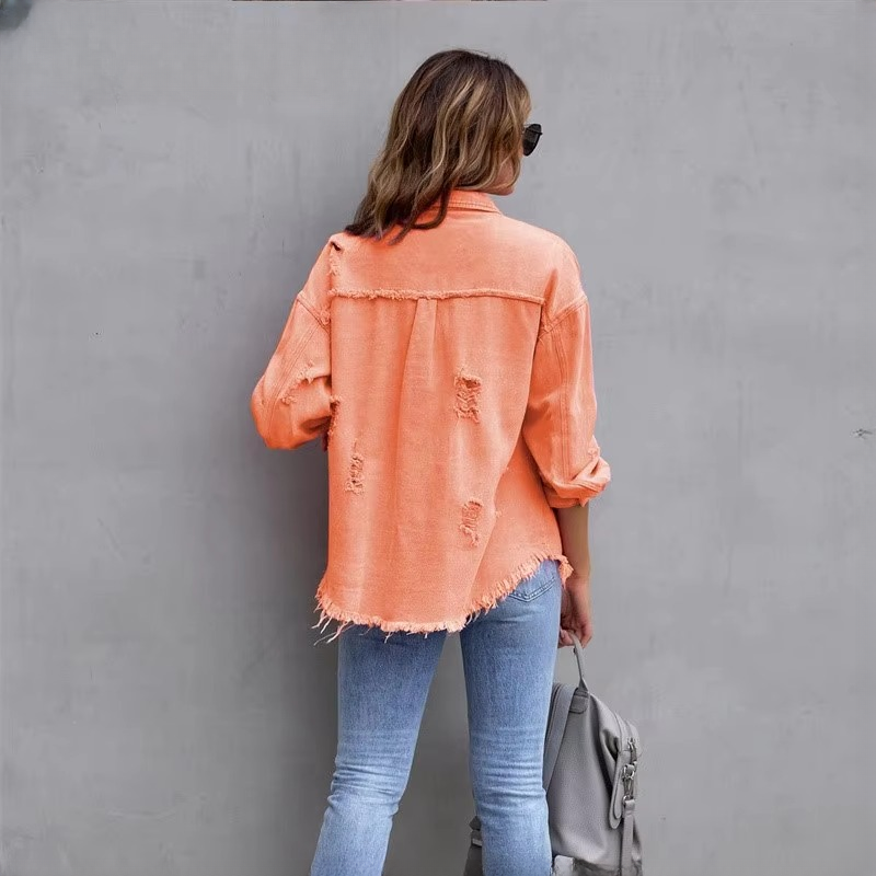 Sweet Color Splicing Pocket Denim Lapel Long Sleeves Single-breasted Jacket