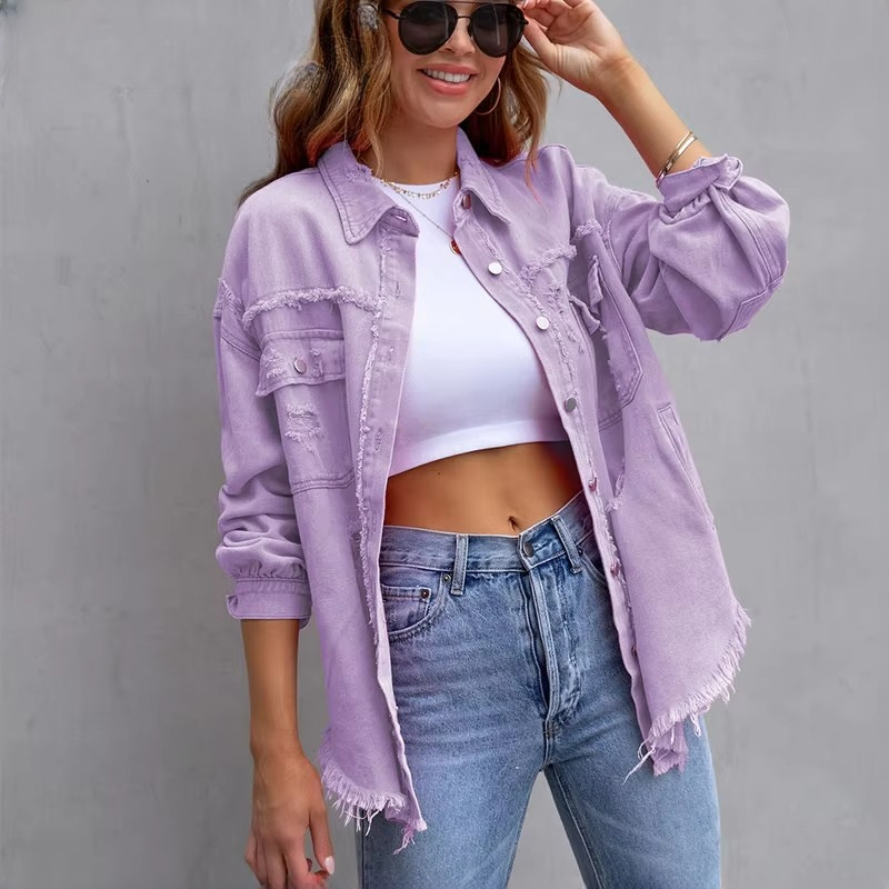 Sweet Color Splicing Pocket Denim Lapel Long Sleeves Single-breasted Jacket