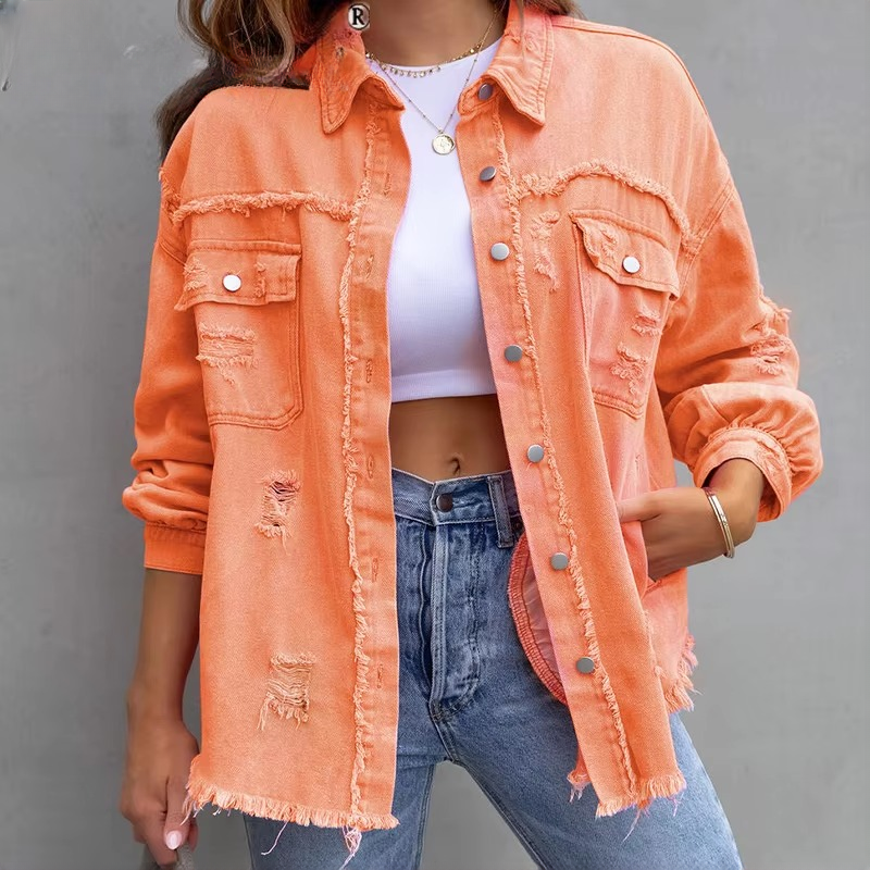 Sweet Color Splicing Pocket Denim Lapel Long Sleeves Single-breasted Jacket