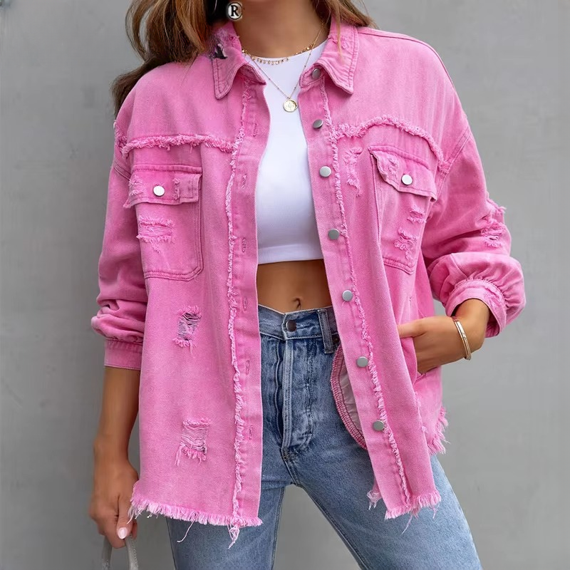 Sweet Color Splicing Pocket Denim Lapel Long Sleeves Single-breasted Jacket