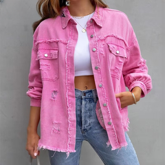 Sweet Color Splicing Pocket Denim Lapel Long Sleeves Single-breasted Jacket