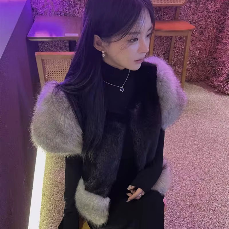 Sweet Spliced Patchwork Fox Fur Thicken Sleeveless Jacket
