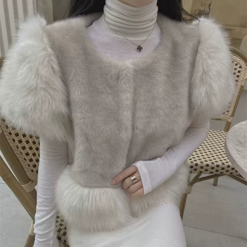 Sweet Spliced Patchwork Fox Fur Thicken Sleeveless Jacket