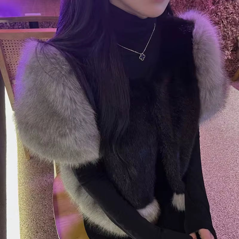Sweet Spliced Patchwork Fox Fur Thicken Sleeveless Jacket