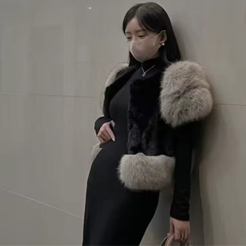 Sweet Spliced Patchwork Fox Fur Thicken Sleeveless Jacket