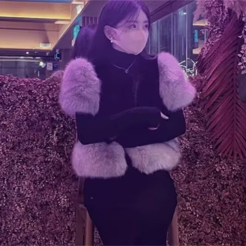 Sweet Spliced Patchwork Fox Fur Thicken Sleeveless Jacket
