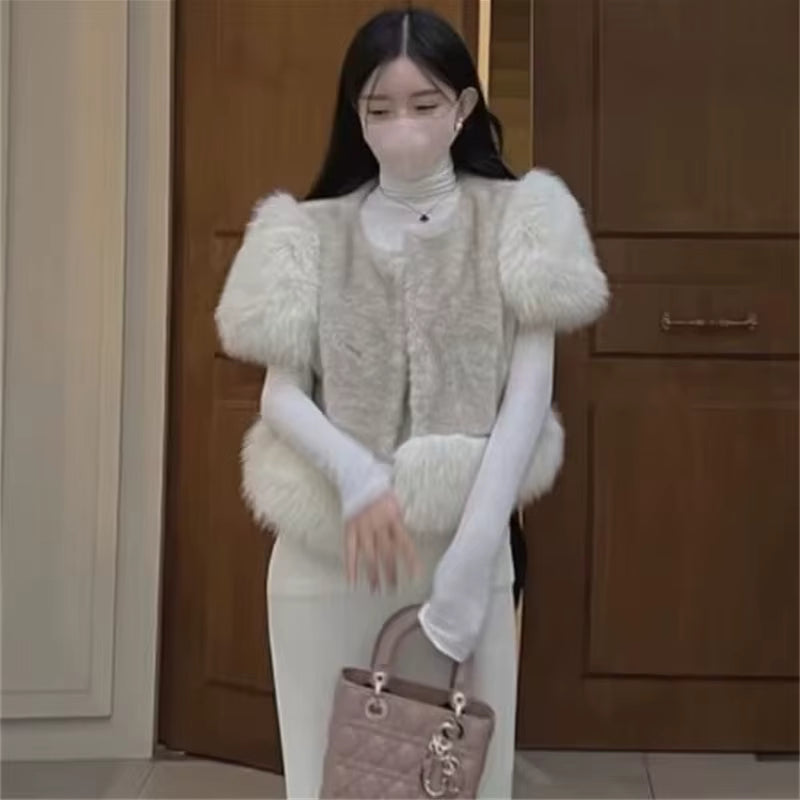 Sweet Spliced Patchwork Fox Fur Thicken Sleeveless Jacket