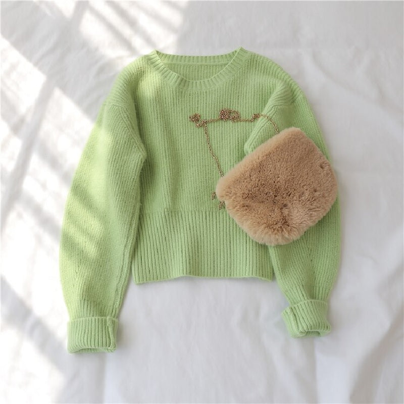 Sweet Sweater O Neck Full Knitted Solid Loose Pullover