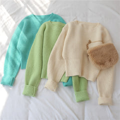 Sweet Sweater O Neck Full Knitted Solid Loose Pullover