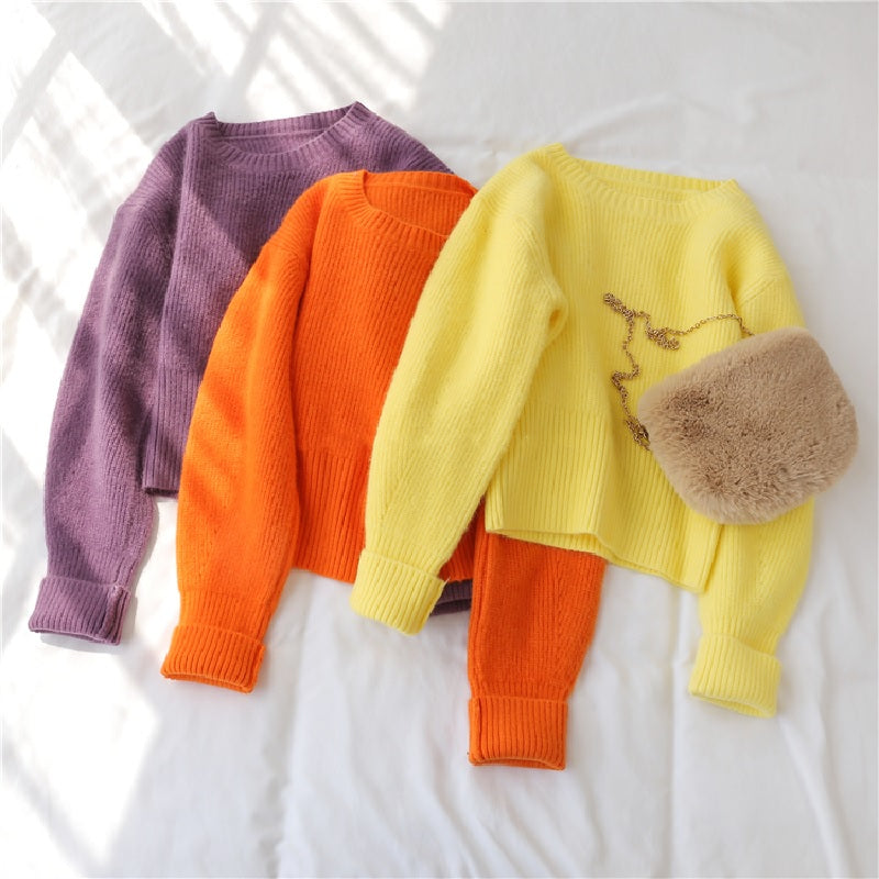 Sweet Sweater O Neck Full Knitted Solid Loose Pullover