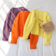 Sweet Sweater O Neck Full Knitted Solid Loose Pullover