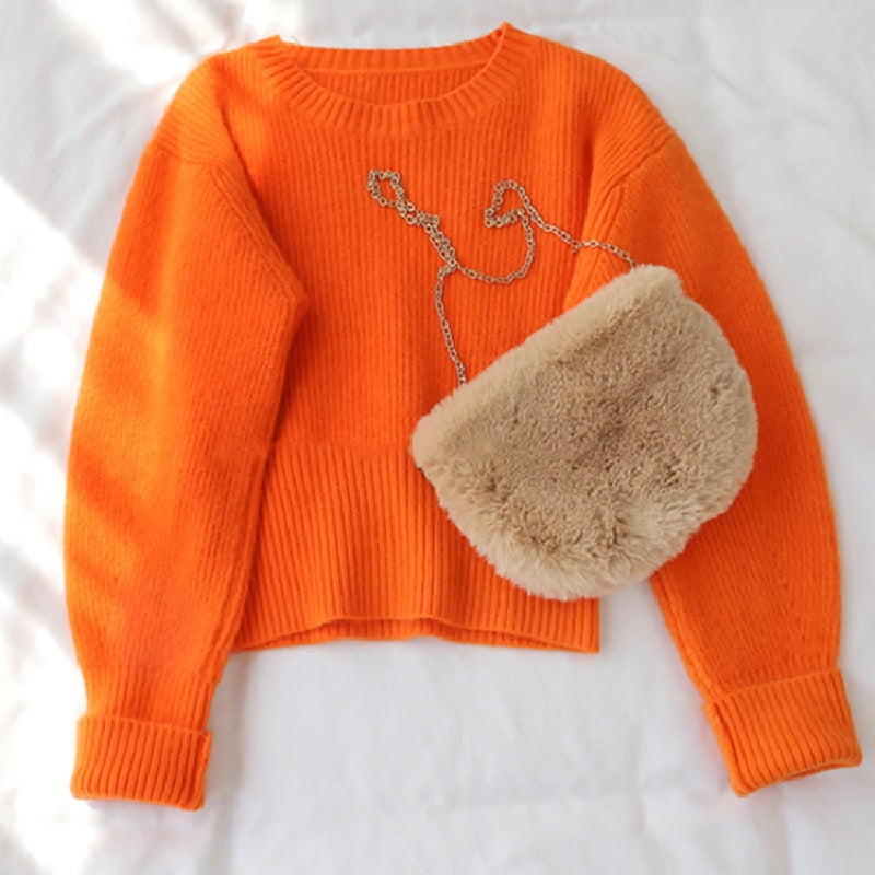 Sweet Sweater O Neck Full Knitted Solid Loose Pullover