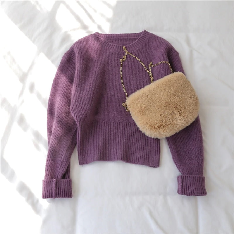 Sweet Sweater O Neck Full Knitted Solid Loose Pullover