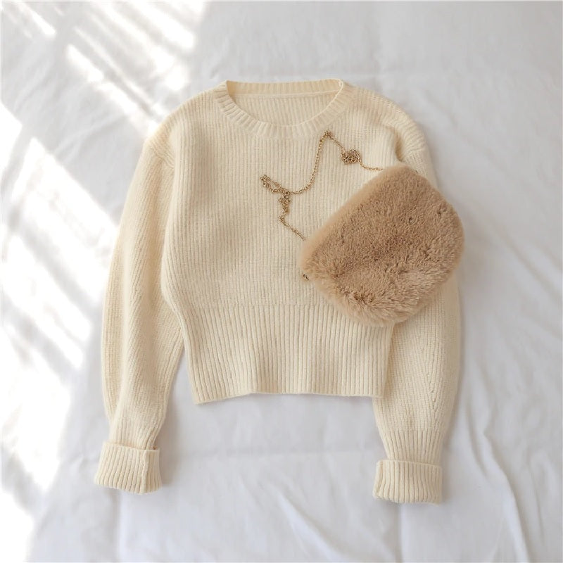 Sweet Sweater O Neck Full Knitted Solid Loose Pullover