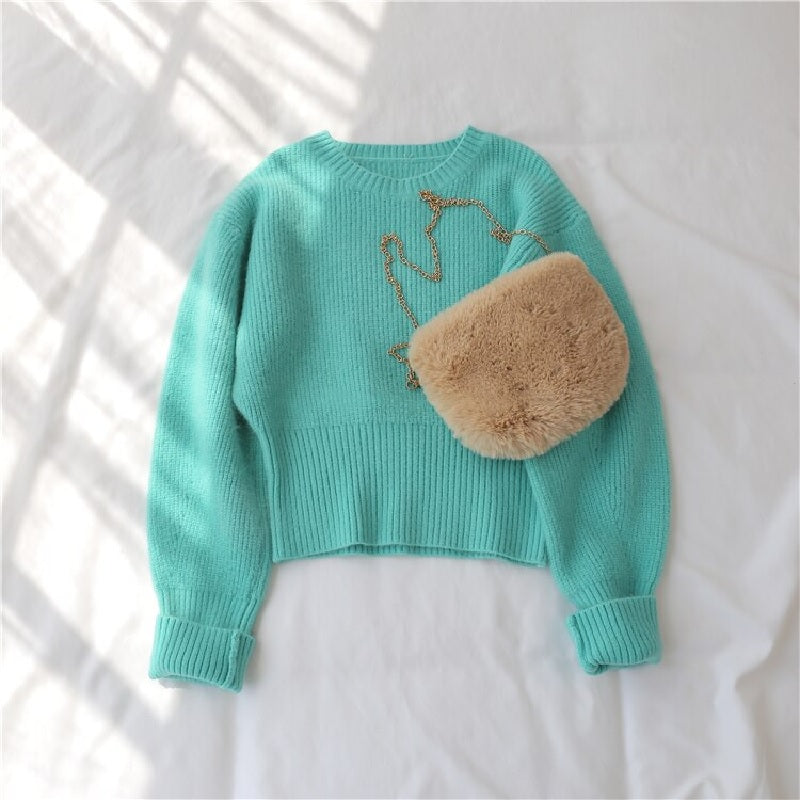 Sweet Sweater O Neck Full Knitted Solid Loose Pullover