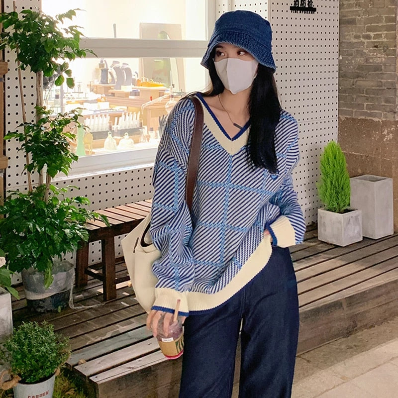 Sweet V-neck Plaid Love Embroidered Sweater