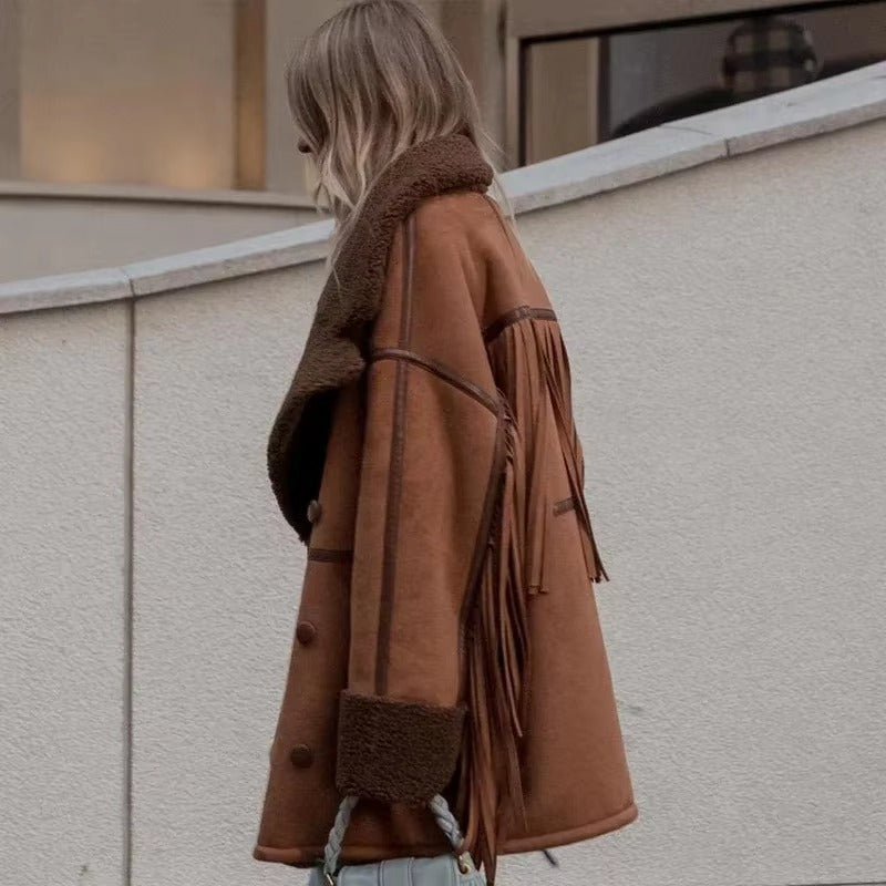 Tassels Faux Patchwork Lapel Double Breasted Long Sleeve Jackets