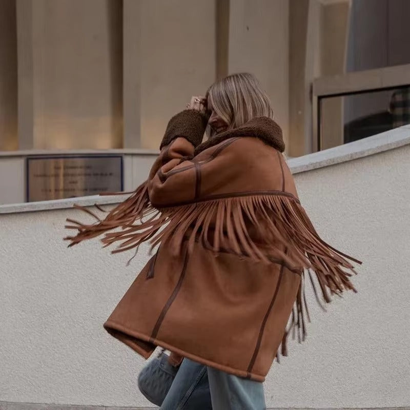 Tassels Faux Patchwork Lapel Double Breasted Long Sleeve Jackets