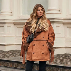 Tassels Faux Patchwork Lapel Double Breasted Long Sleeve Jackets