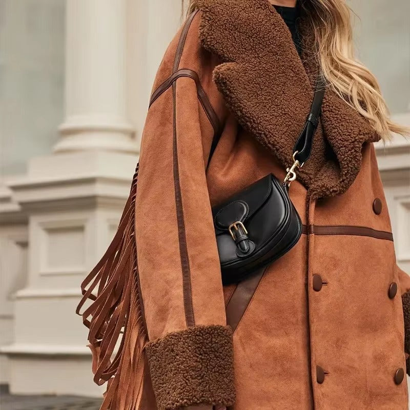 Tassels Faux Patchwork Lapel Double Breasted Long Sleeve Jackets