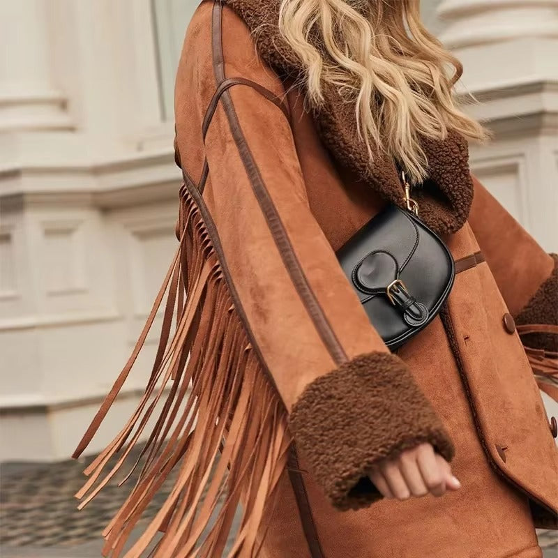 Tassels Faux Patchwork Lapel Double Breasted Long Sleeve Jackets