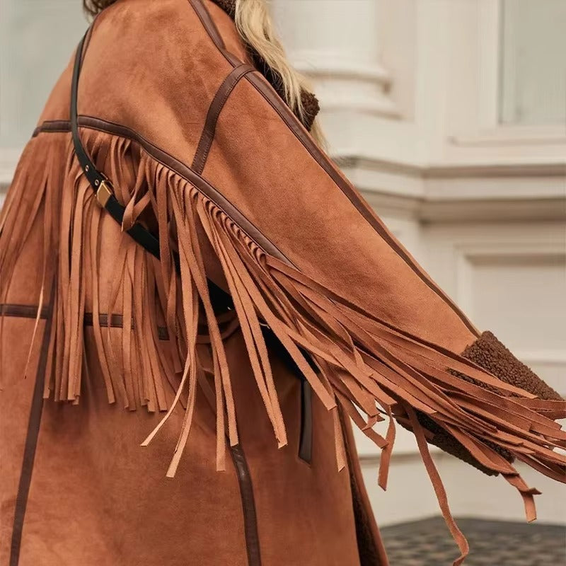 Tassels Faux Patchwork Lapel Double Breasted Long Sleeve Jackets
