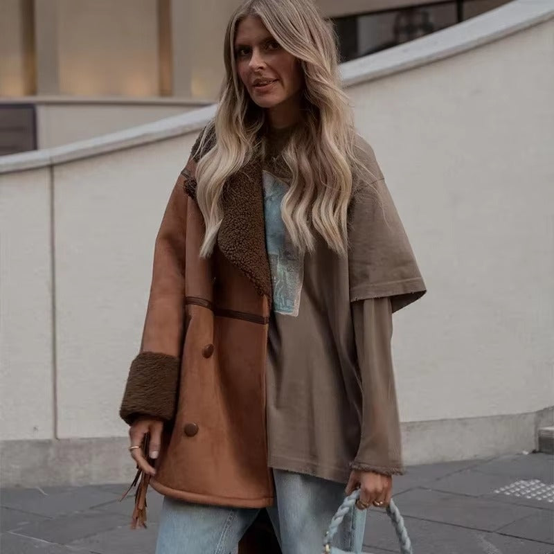 Tassels Faux Patchwork Lapel Double Breasted Long Sleeve Jackets