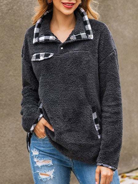 Teddy Bear Plaid Button Pockets Long Sleeves Pullover Sweatshirt