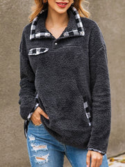 Teddy Bear Plaid Button Pockets Long Sleeves Pullover Sweatshirt